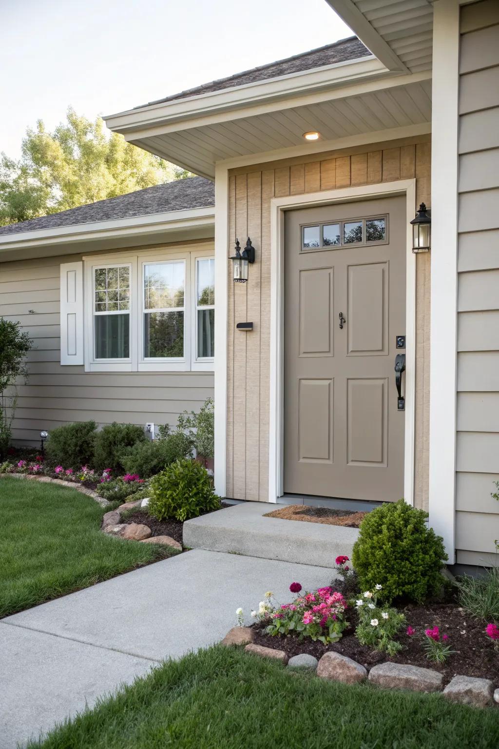 Sophisticated taupe front door for understated elegance.