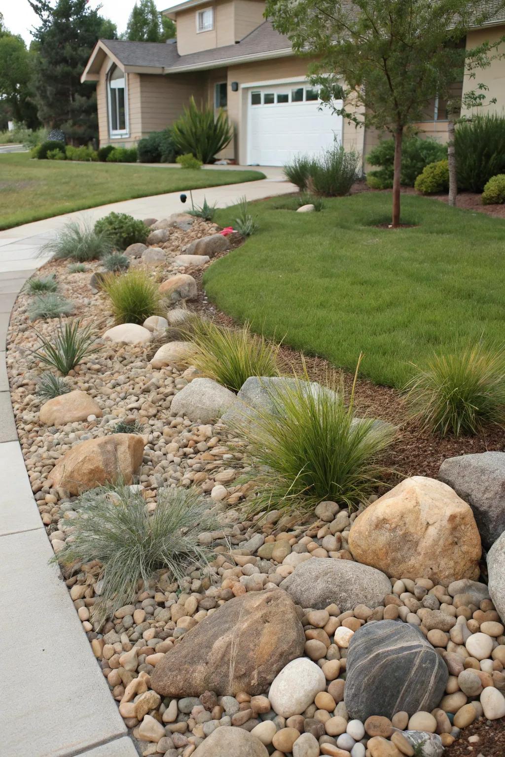 A rock garden adds natural beauty and requires minimal upkeep.