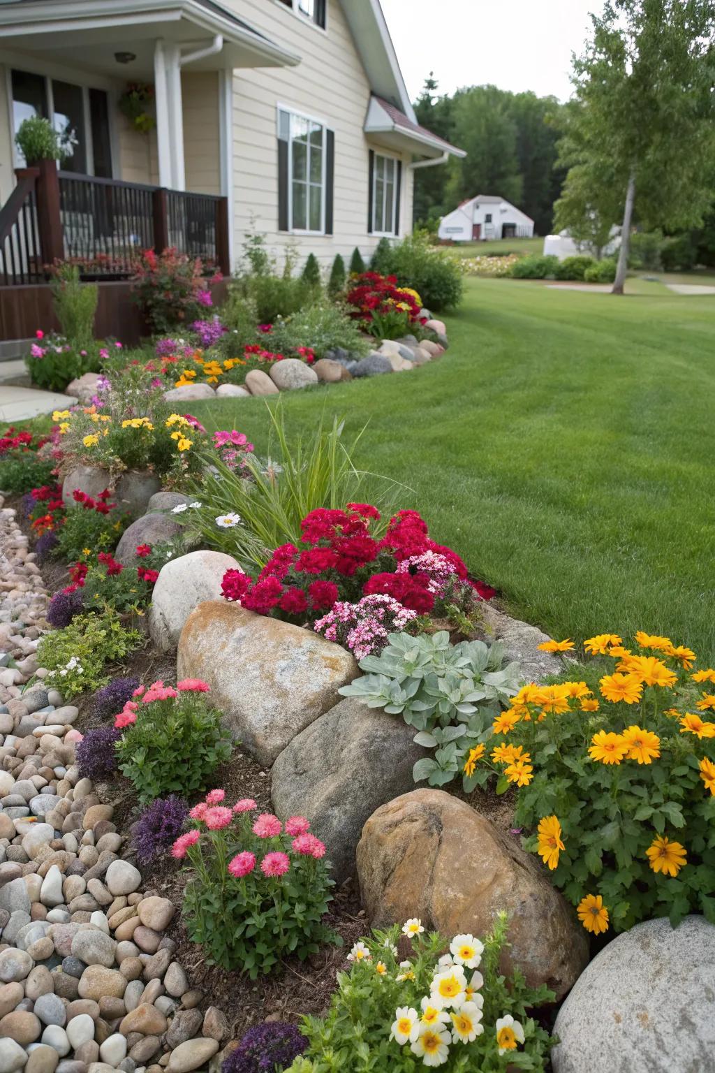 Rocks paired with seasonal blooms for a timeless front yard display.