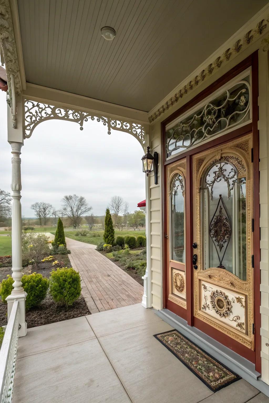 A front porch with an artistic entryway featuring a custom door.