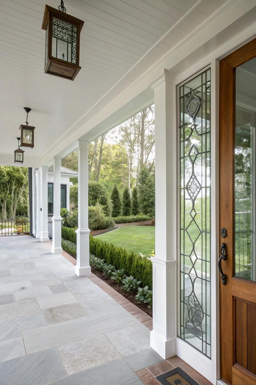 Glass panel inserts adding a modern touch to porch posts.