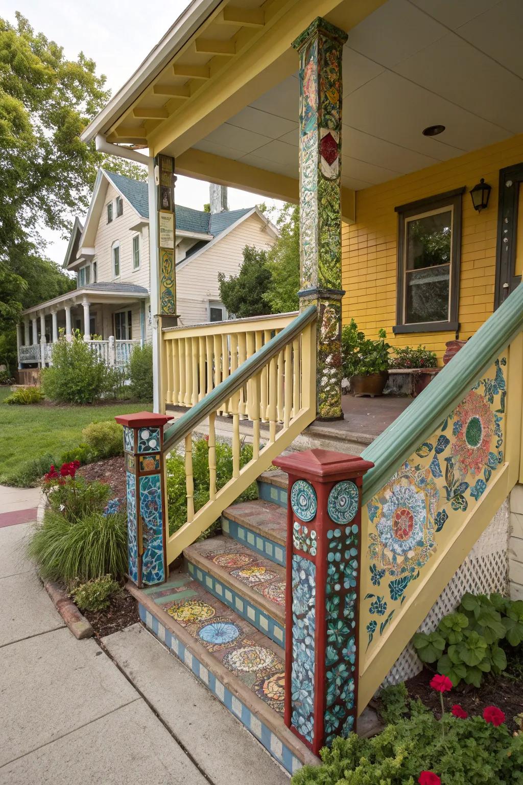 Artistic mosaic accents turn your railings into a colorful masterpiece.