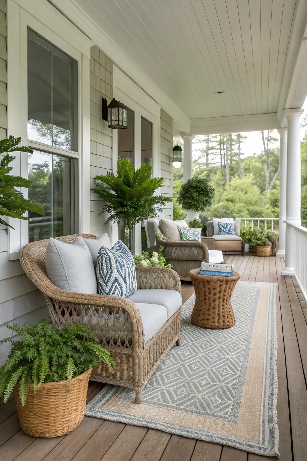 A porch designed for seamless indoor-outdoor flow with matching decor.