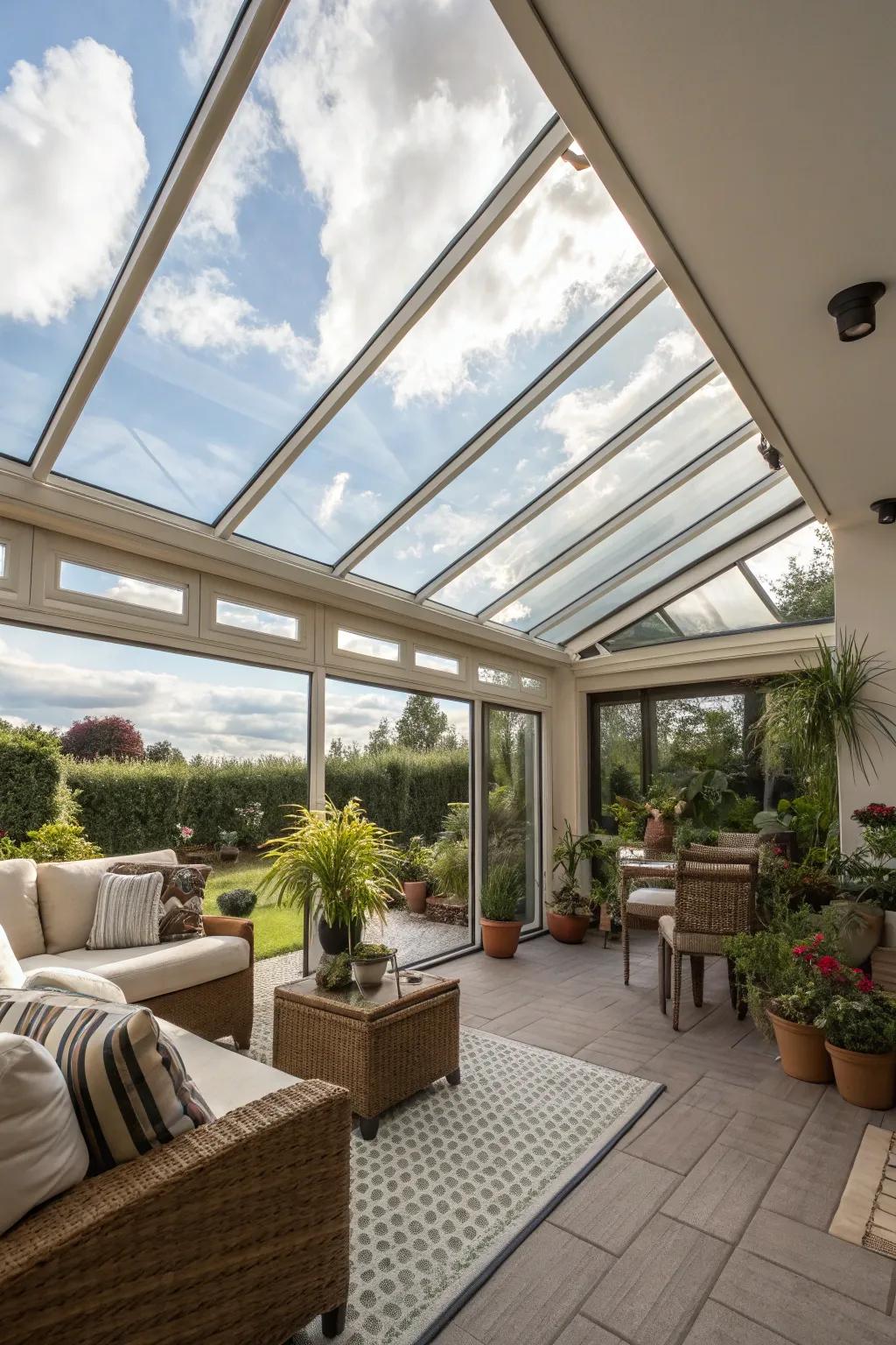 A sunroom with a retractable roof offering open-air enjoyment.