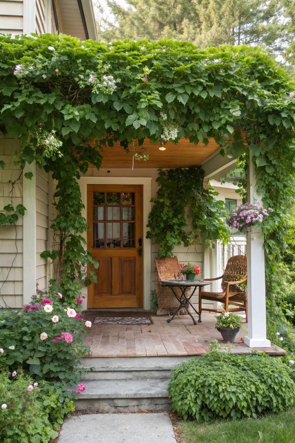 A trellis with climbing plants adds privacy and greenery