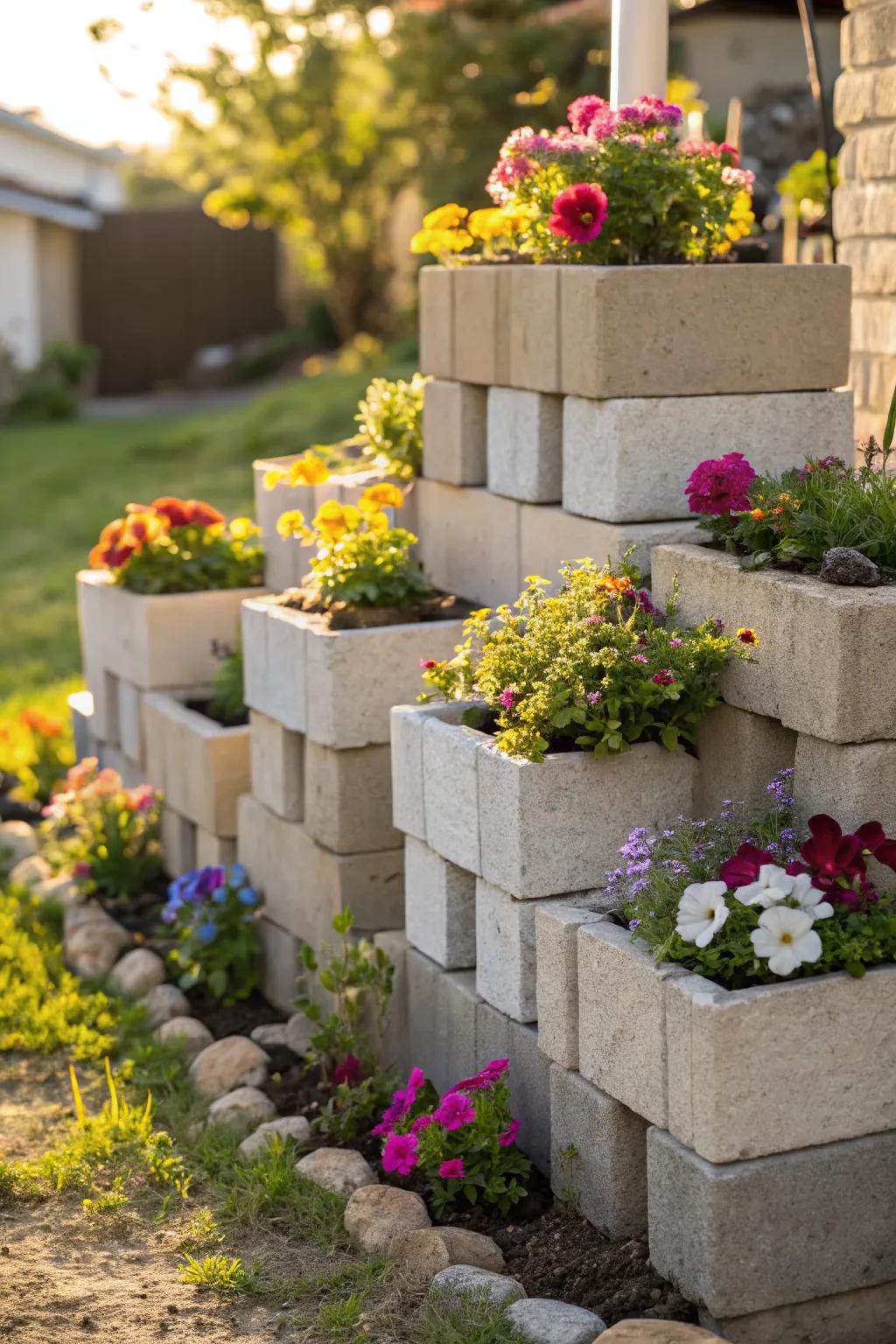 Cinder block planters offer a unique and industrial touch to sunny gardens.