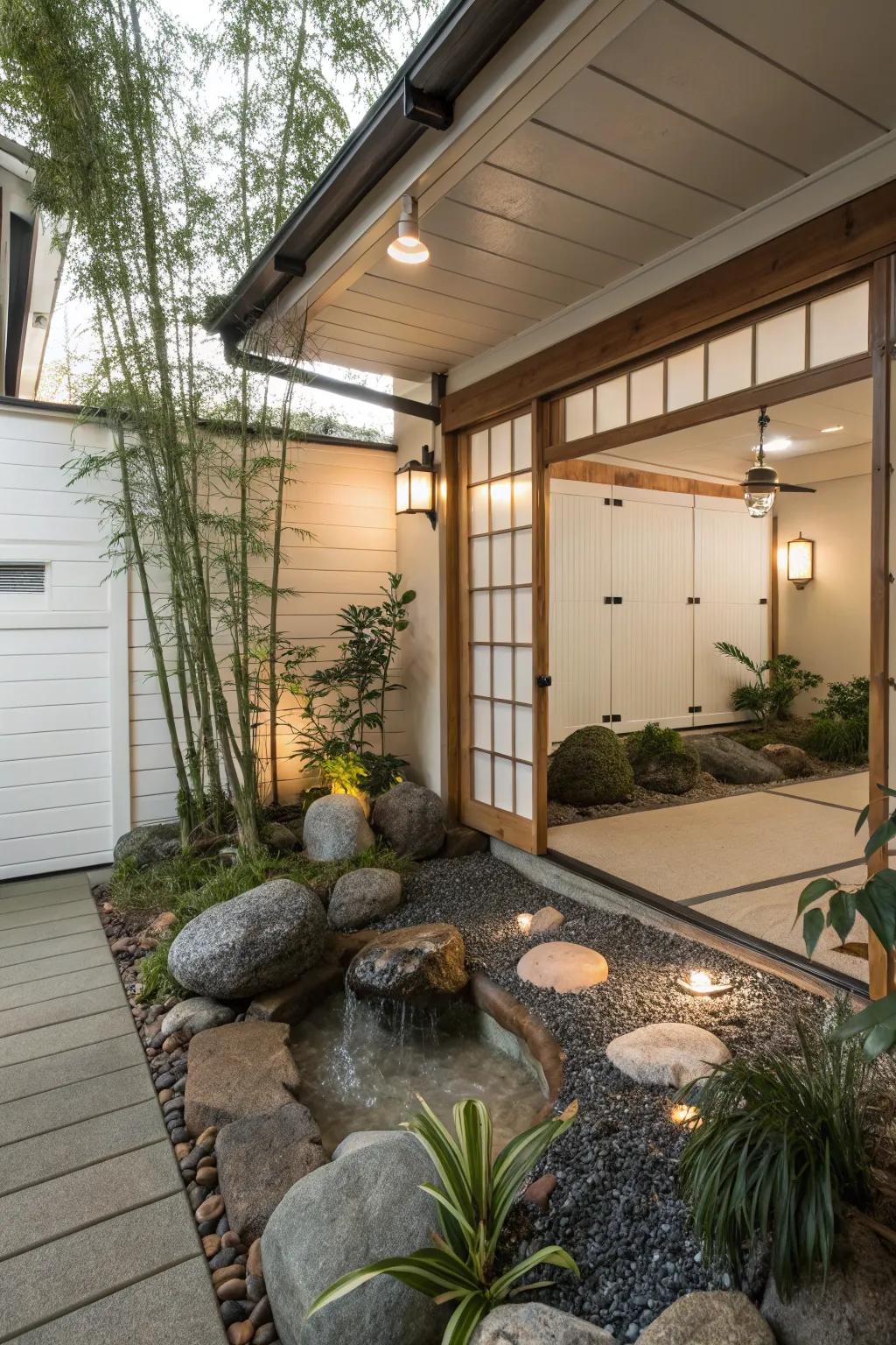 A Zen garden hideaway within a garage shed.