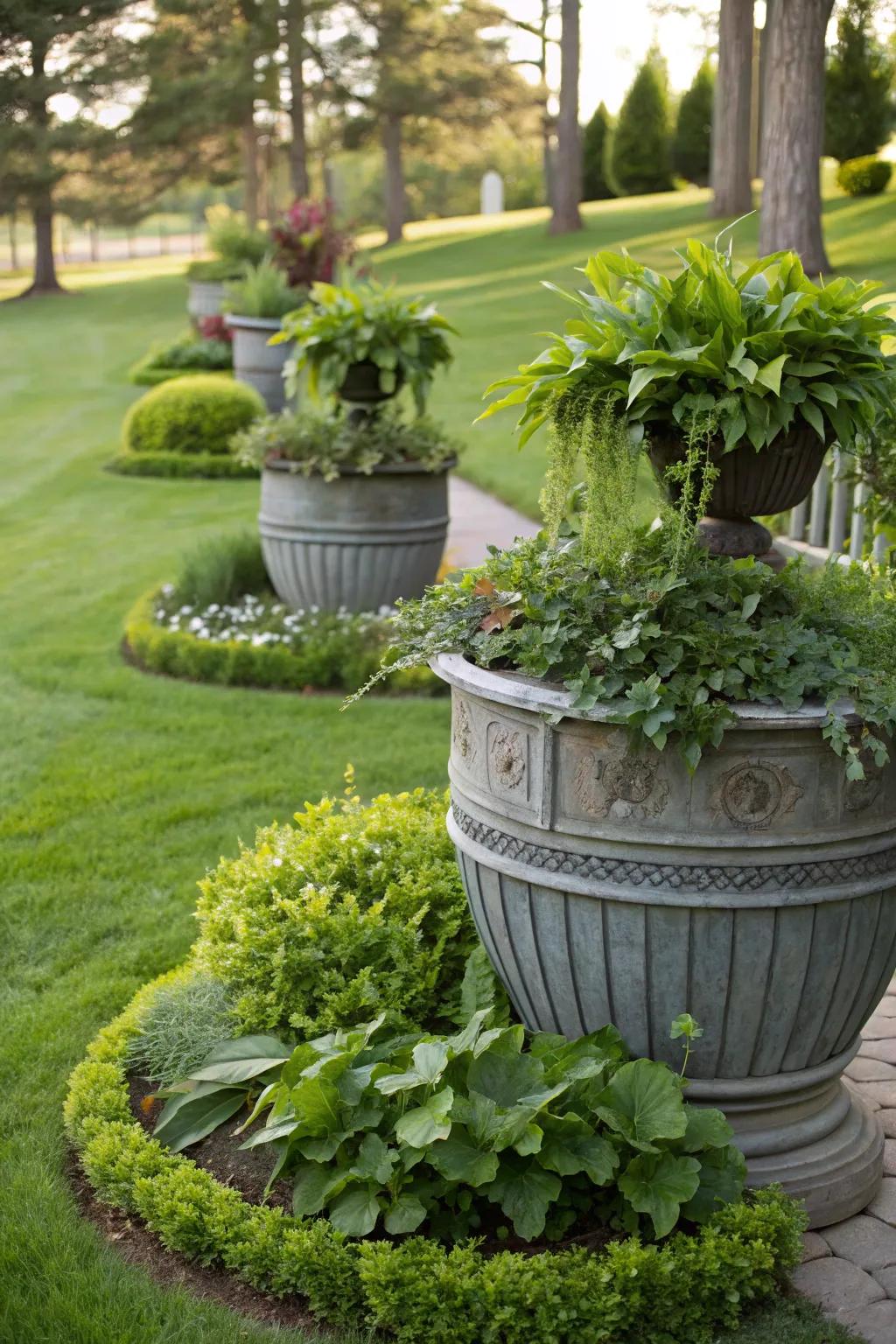 Upcycled planters add unique and eco-friendly charm to the garden.