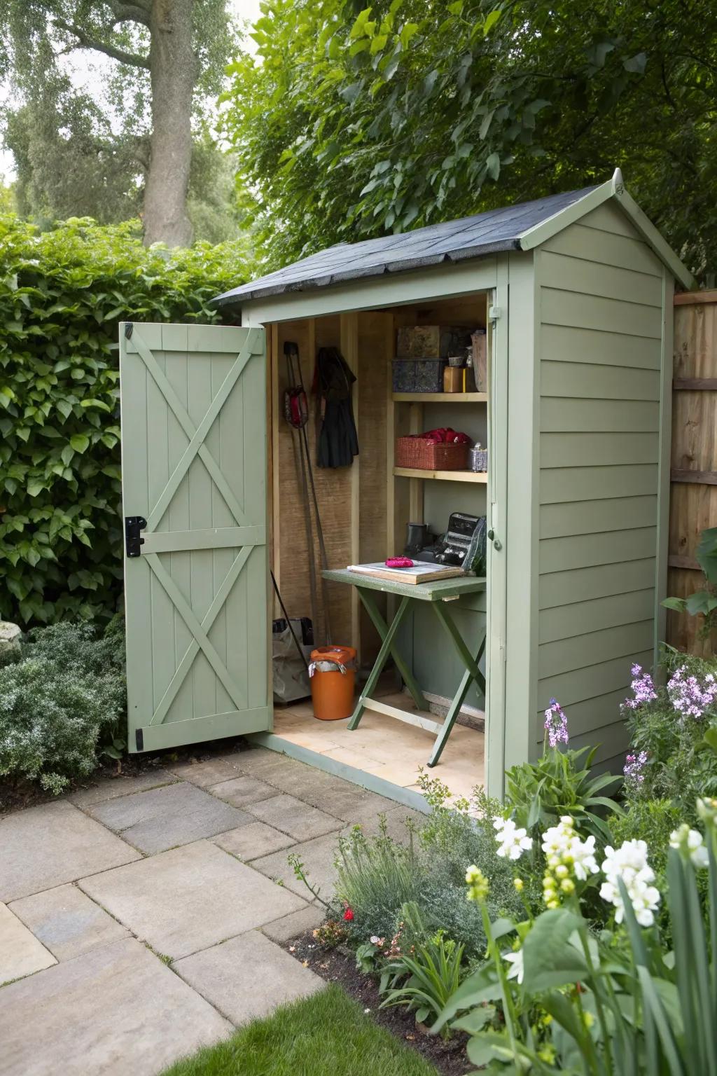 A folding workbench offers flexibility and space-saving convenience.