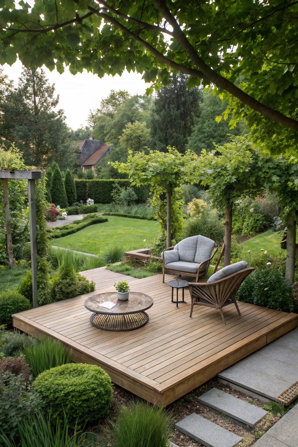 A floating deck creates a modern and inviting garden oasis.