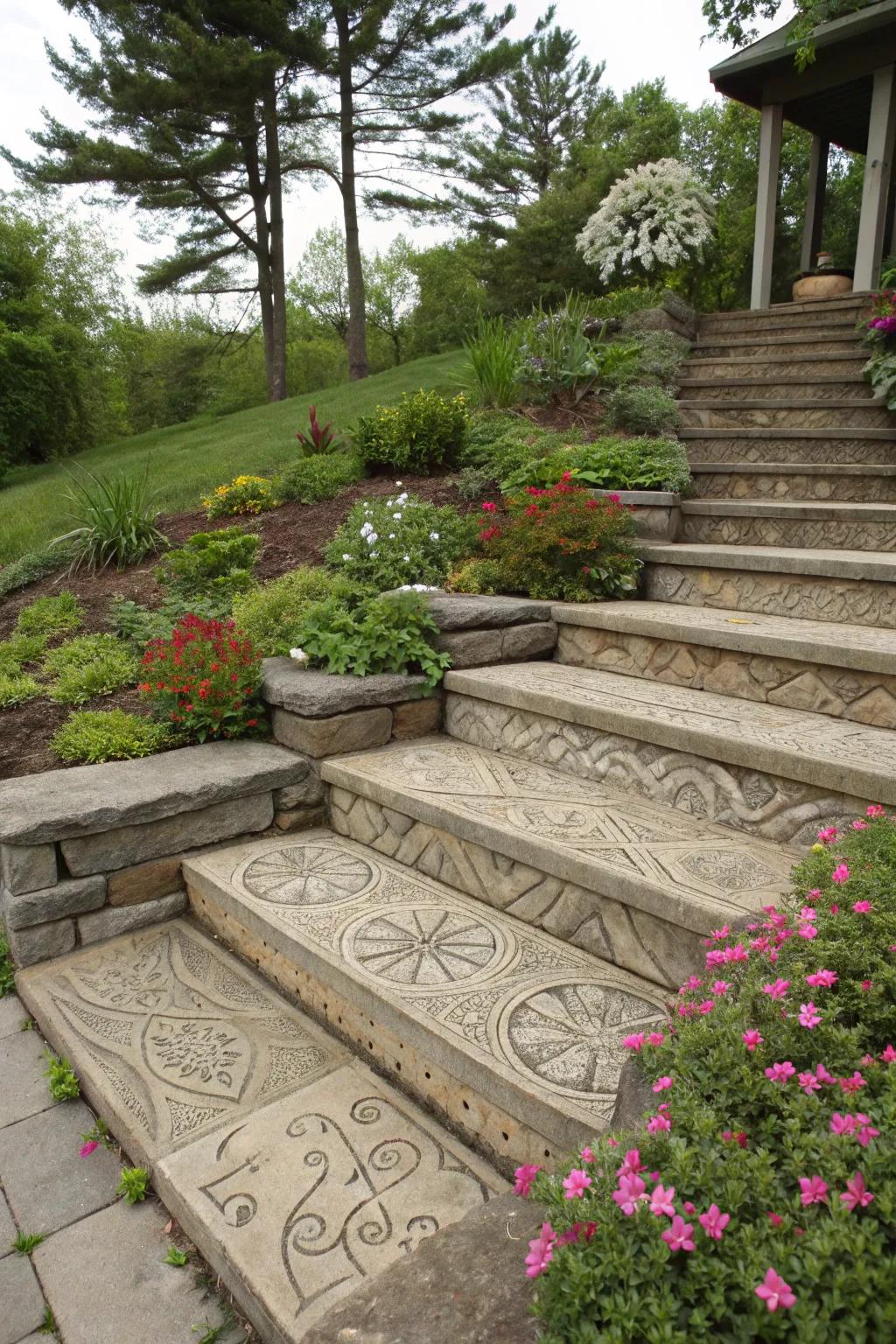 Artistic stamped concrete stairs adding personality to the garden.