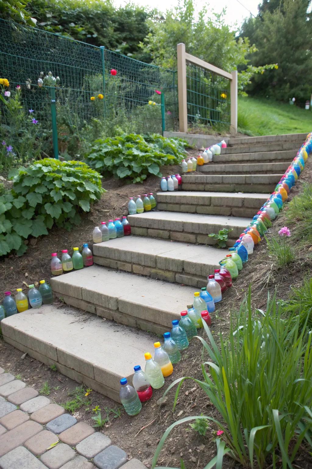 Recycled bottle steps offer eco-friendly charm.