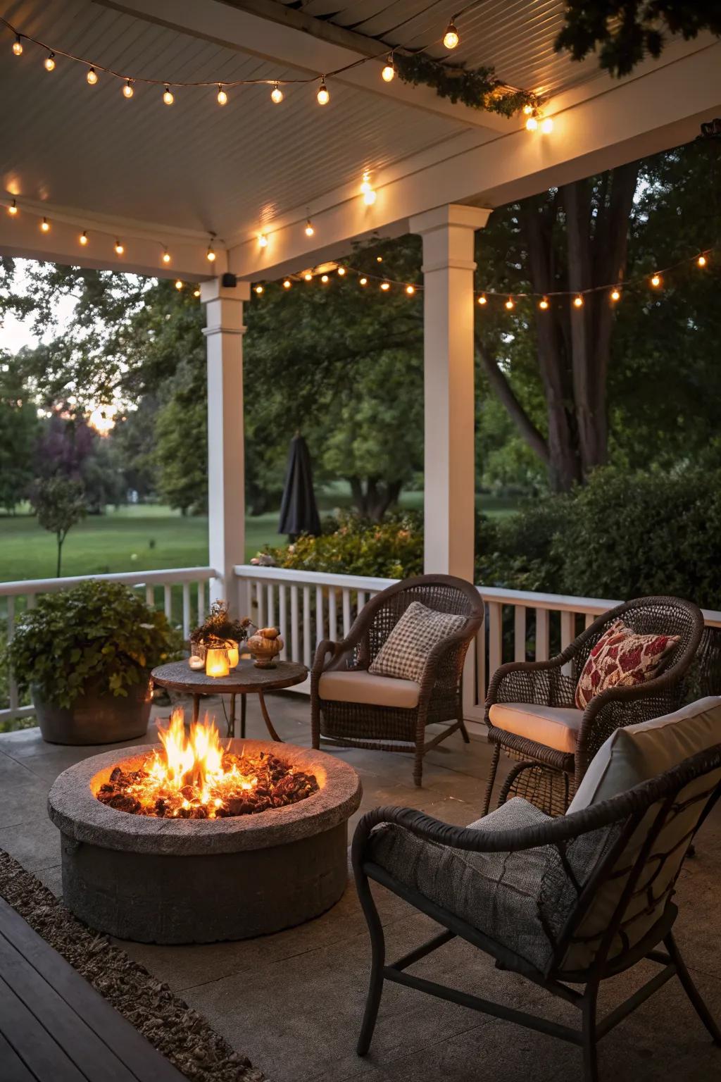 A fire pit adds warmth and charm to a garden veranda.