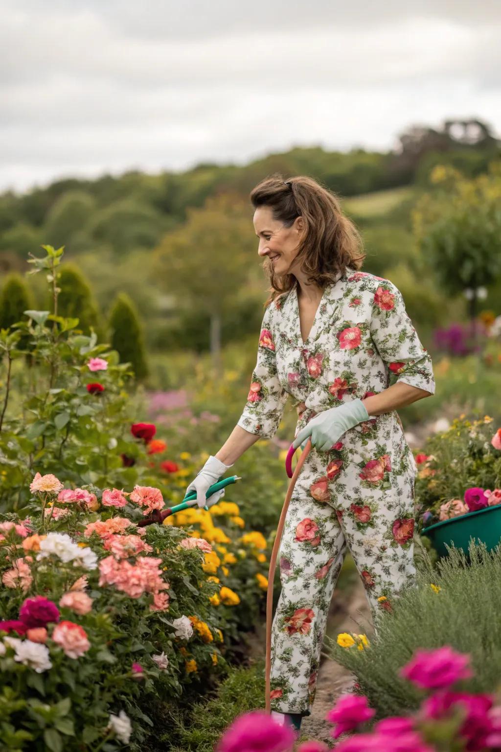 Celebrate the beauty of nature with floral print gardening attire.