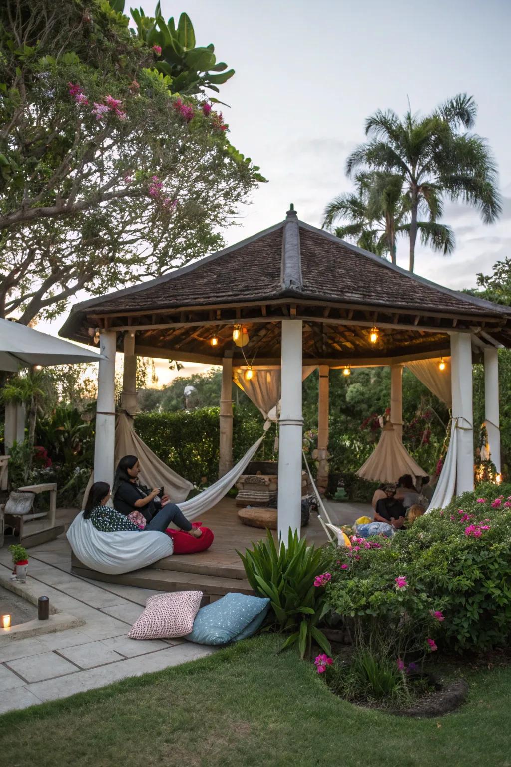 A chill zone within a gazebo offering relaxation and comfort for guests.
