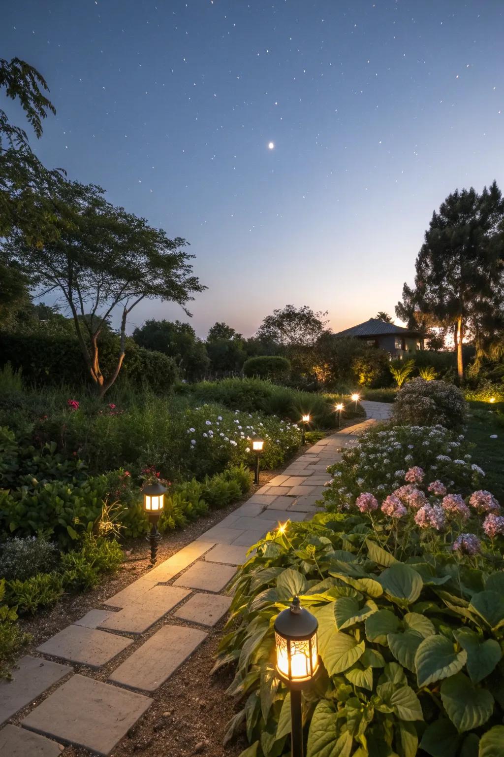 Solar lighting creating a magical nighttime garden atmosphere.
