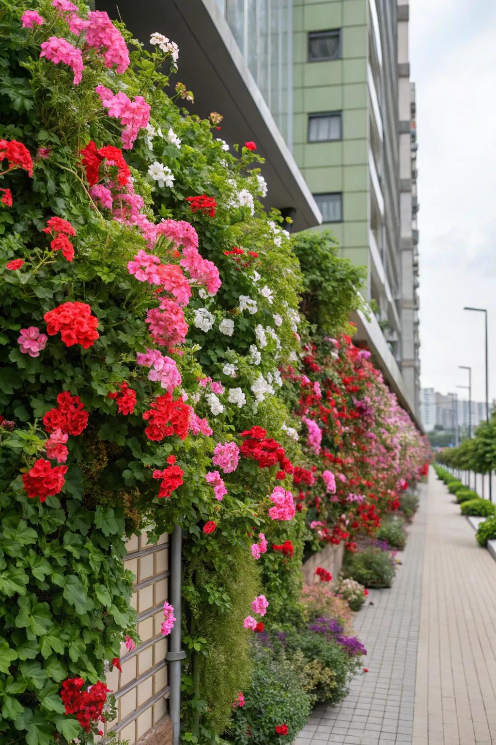 A vertical garden masterpiece with a living wall of geraniums.