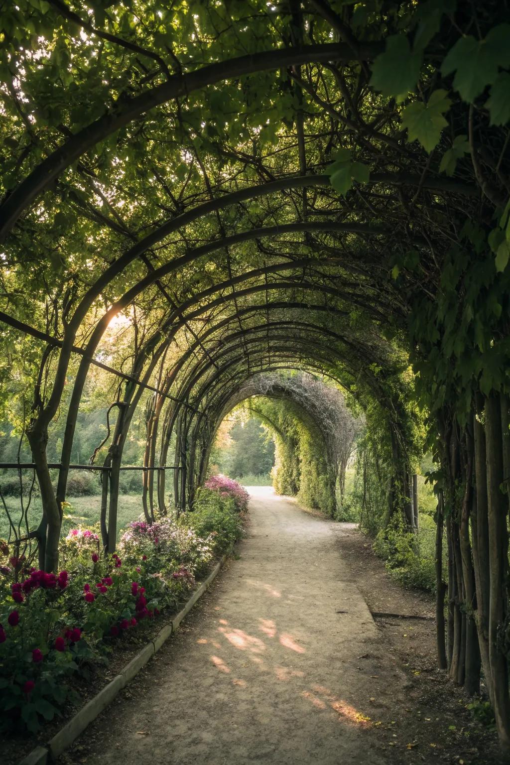 A grape tunnel offers a magical and enchanting garden experience.