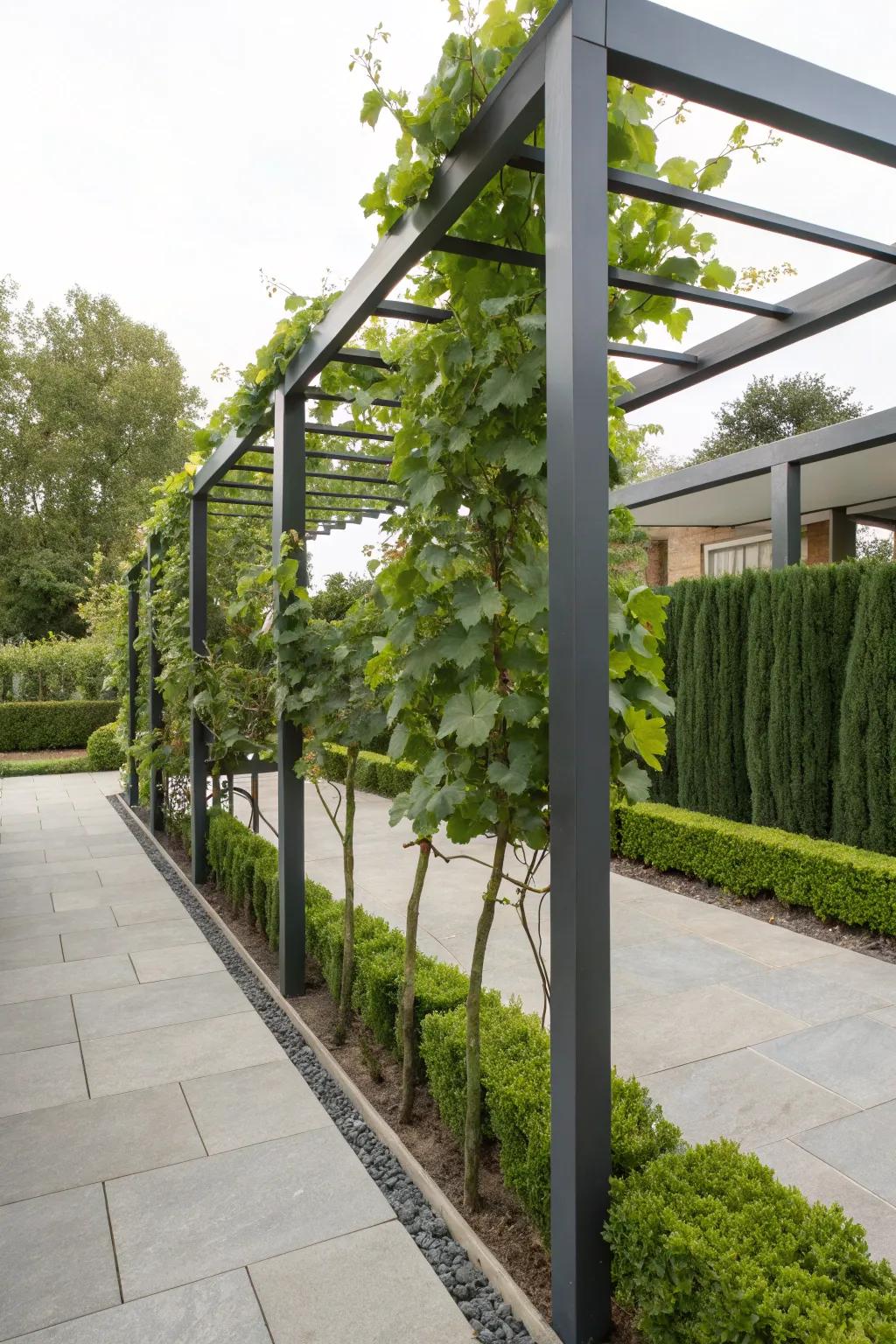 A geometric trellis blending art and function, showcasing grapevines as living artwork.