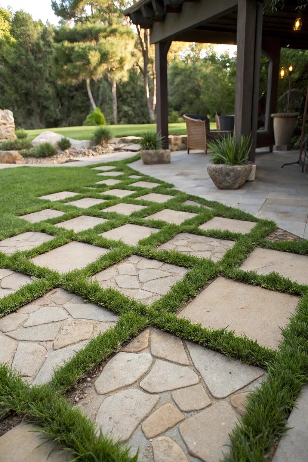 Unconventional shapes add visual interest to grass patios.