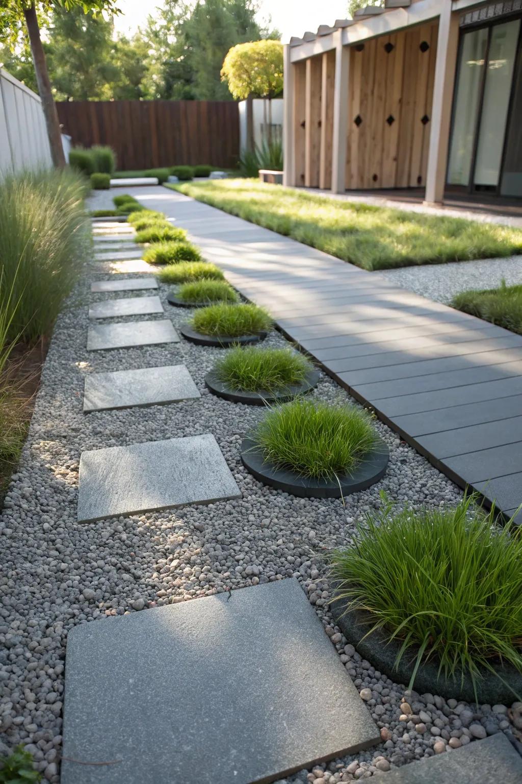 A contemporary grassy path with floating grass islands.