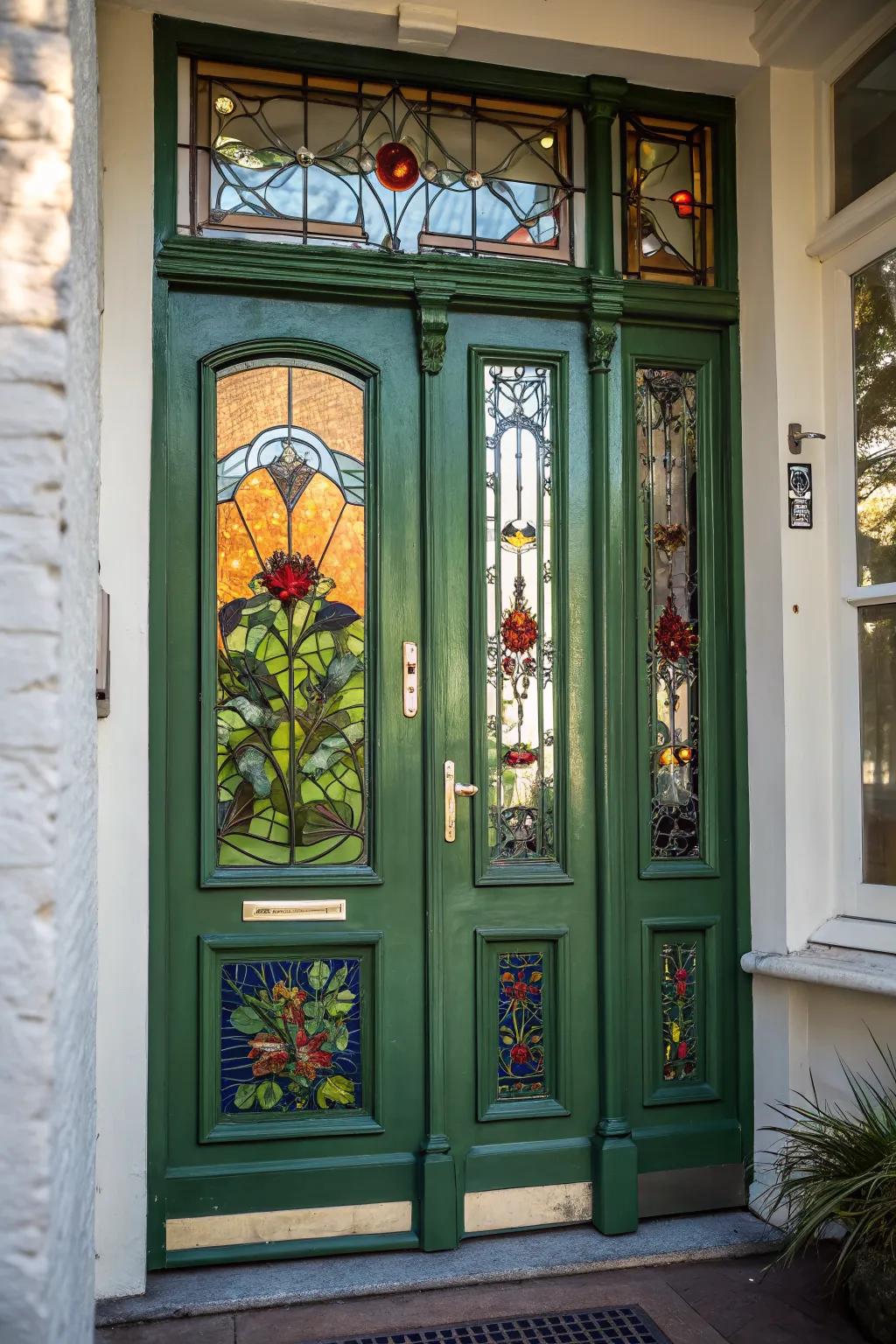 Artistic glass inserts add a creative flair to green doors.