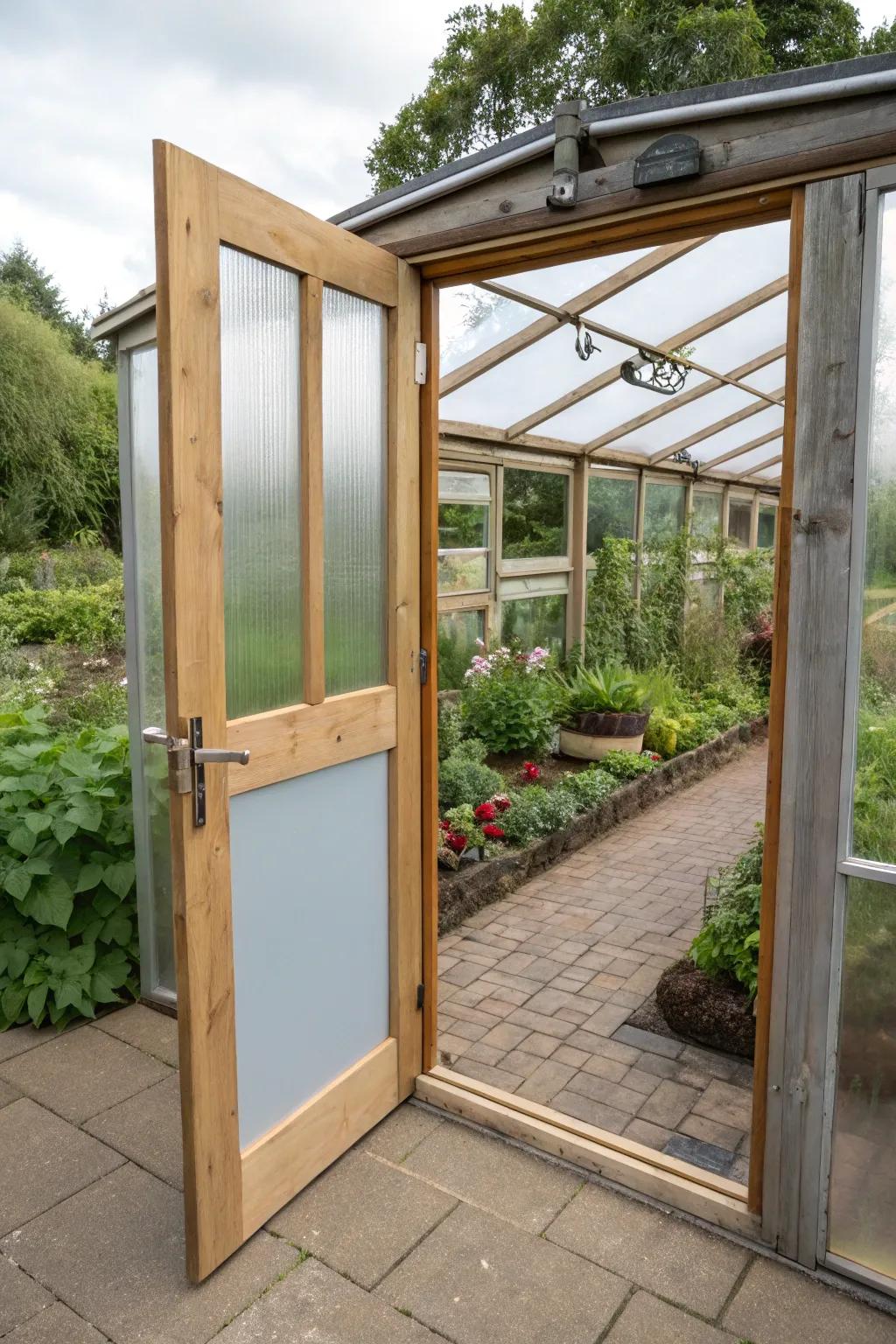 Enjoy the versatility of creative reversible greenhouse doors.