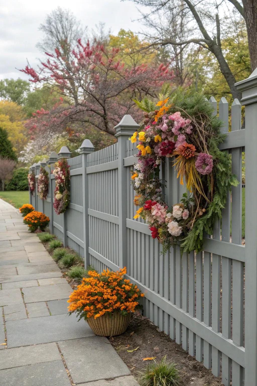Keep your grey fence lively with seasonal decorations.