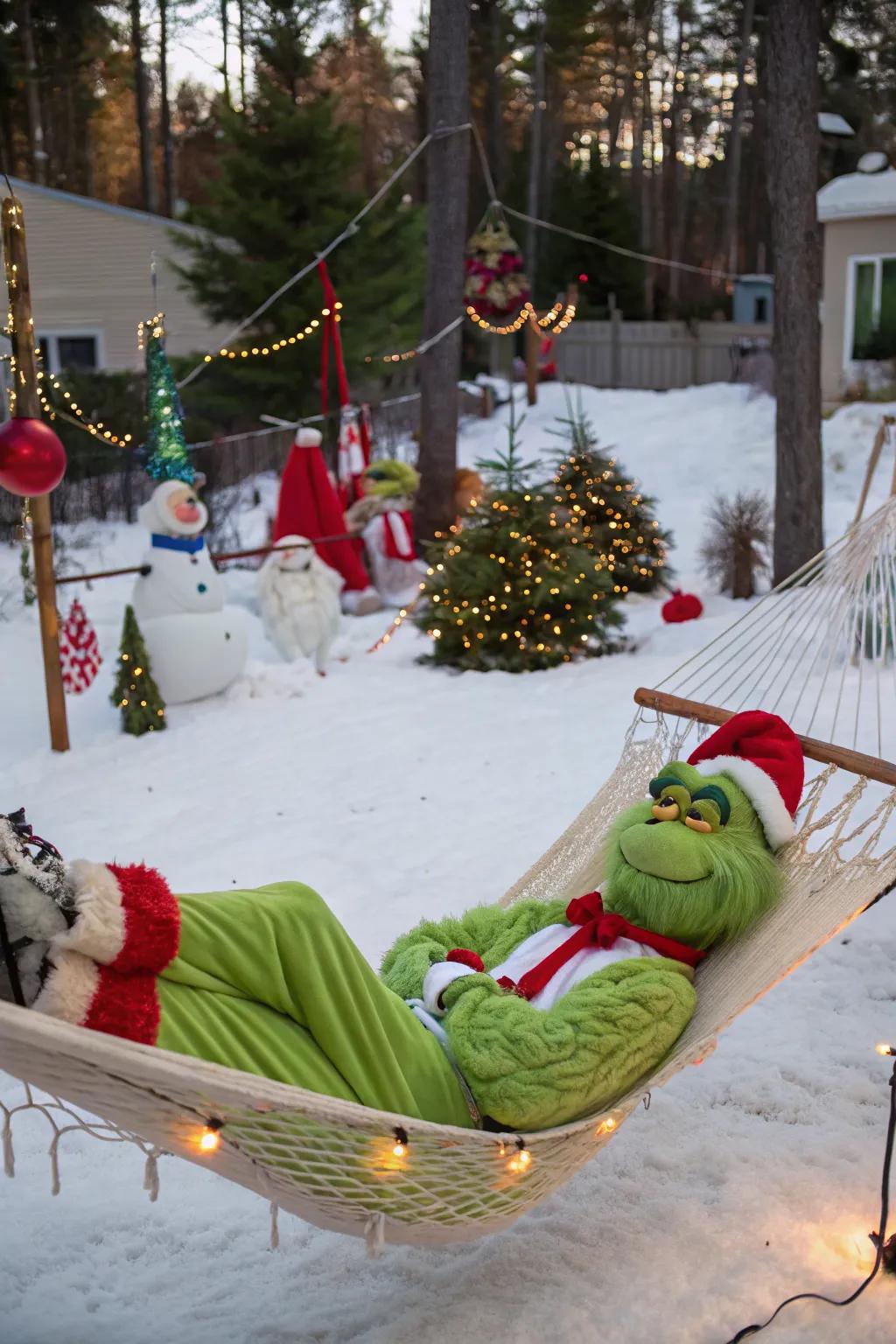 A Grinch lounging in a hammock brings a relaxed and humorous vibe.