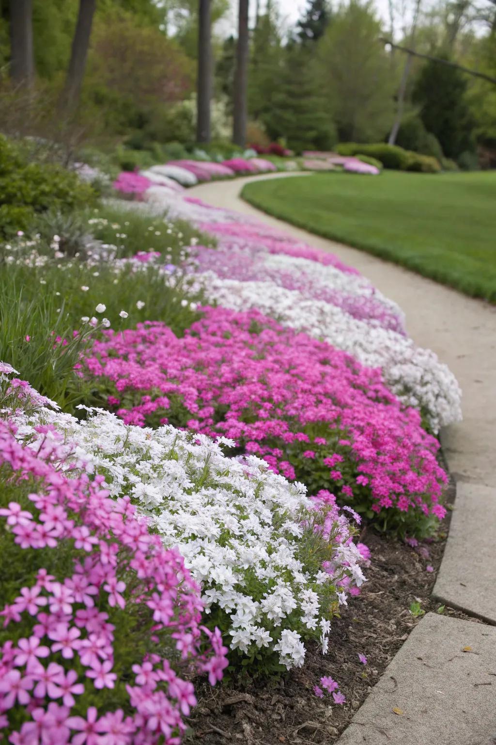 Garden border transformed by the colorful blooms of creeping phlox