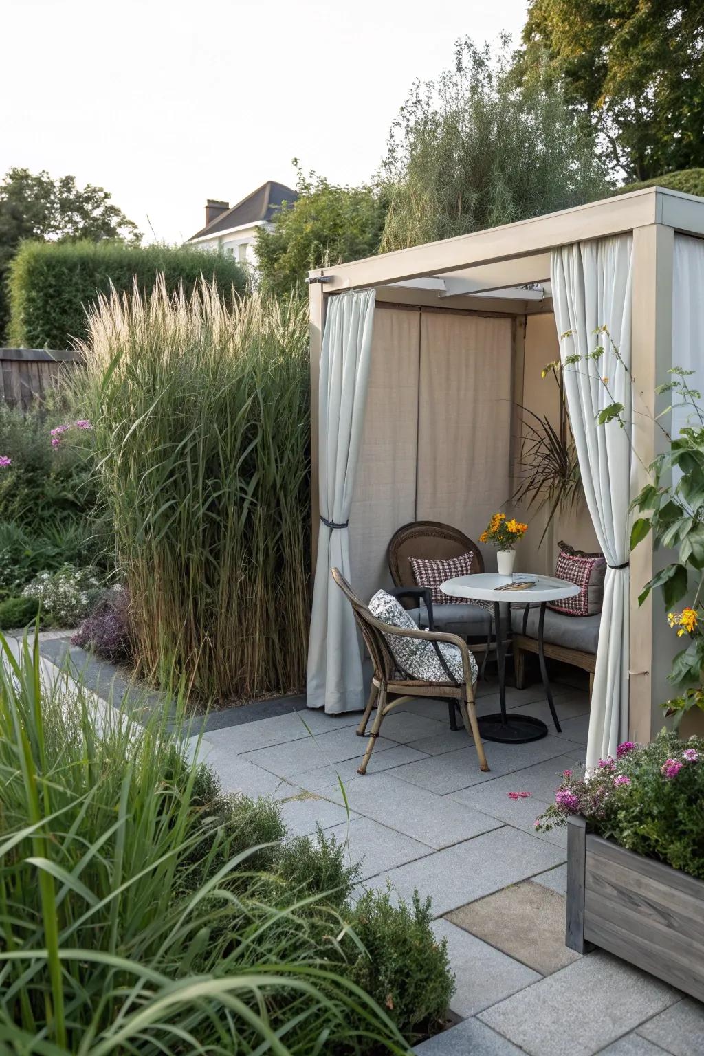 A hidden seating nook provides a private retreat in the garden.