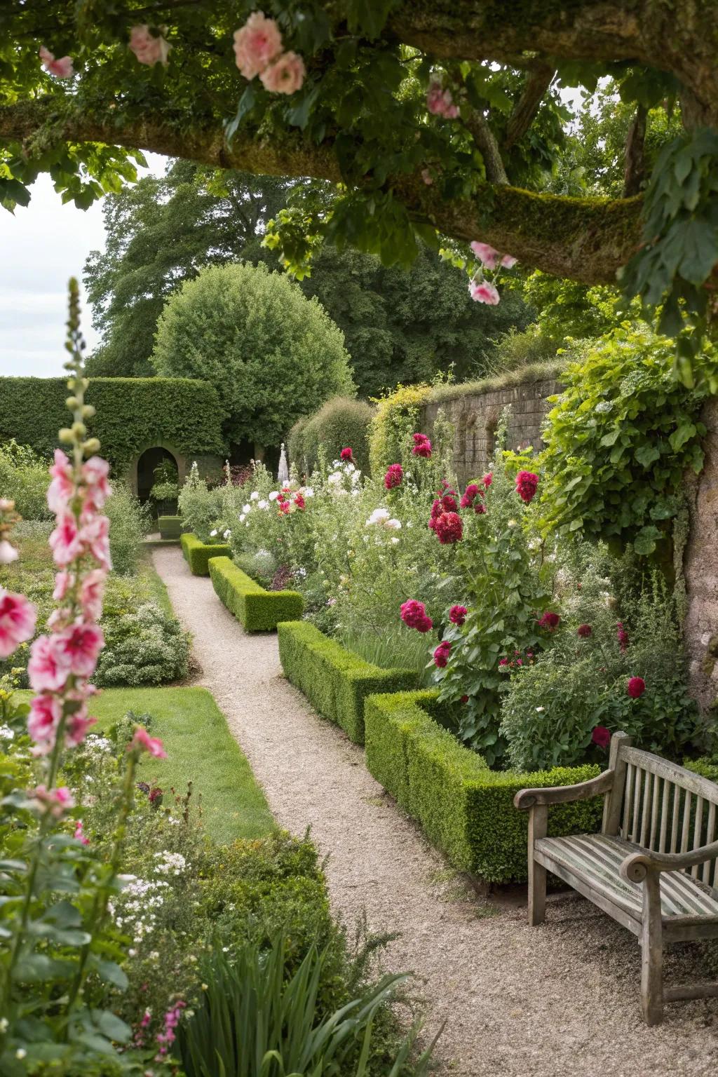 Timeless beauty in a classic English garden with hollyhocks.