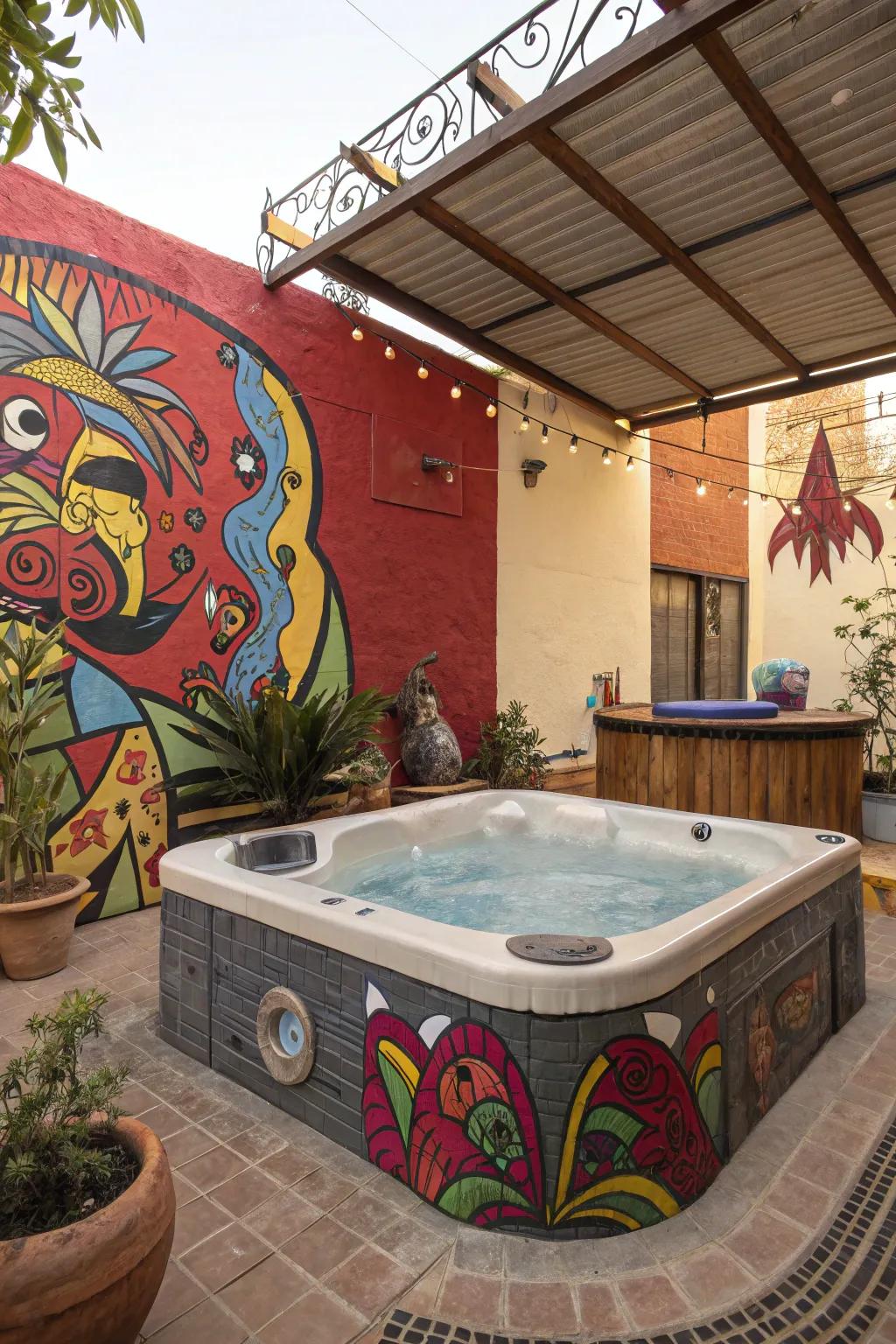 Artistic elements enhance this hot tub area with creativity and flair.