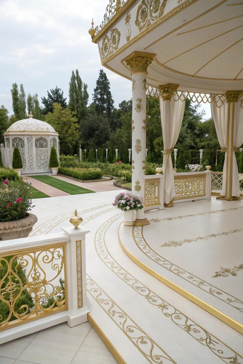 Ivory and gold offer a luxurious, opulent atmosphere.