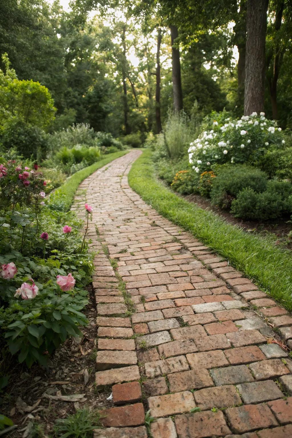 A recycled brick pathway offers an eco-friendly and charming garden solution.