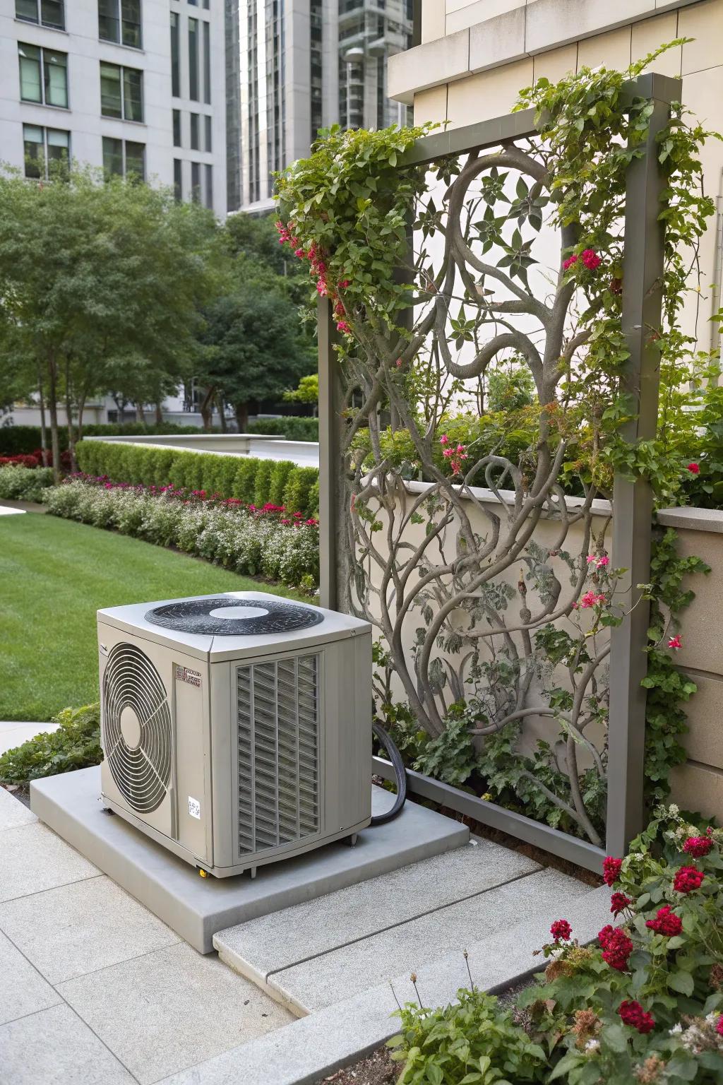 Garden sculptures can transform AC units into artistic focal points.