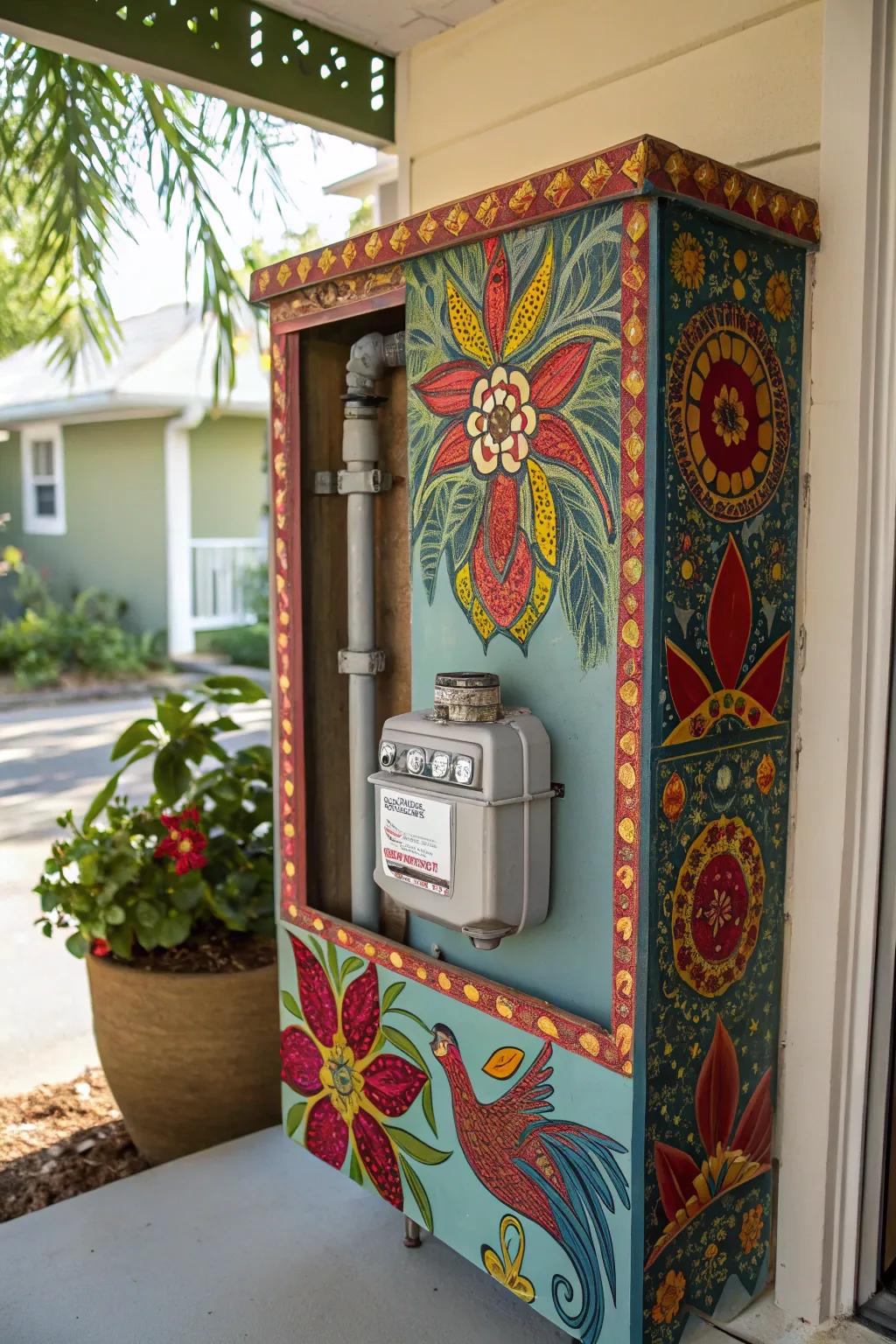 A DIY artistic panel showcases personal style while hiding a gas meter.
