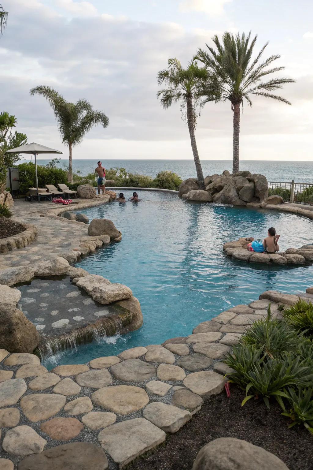 Rock seating circles foster community and conversation by the pool.