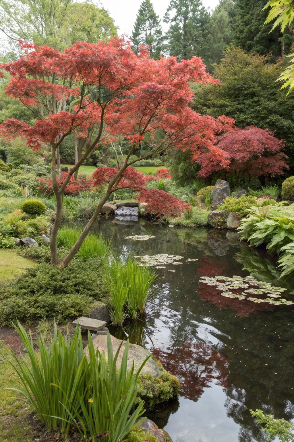 Enhance water gardens with eco-friendly Japanese maples.