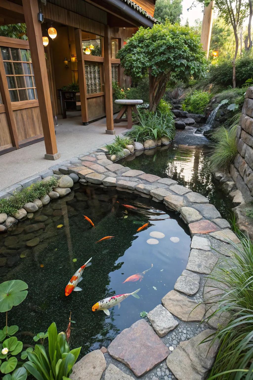 A sustainable koi pond made with eco-friendly materials, blending beauty and responsibility.