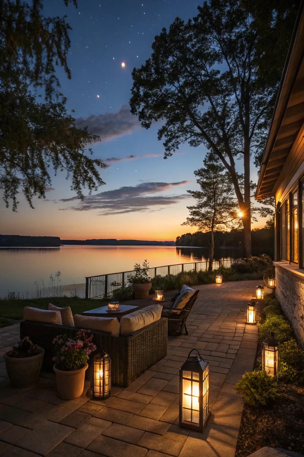 Eco-friendly solar lights adding warmth and ambiance to the patio.