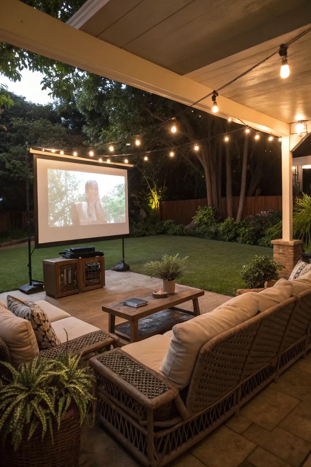 An outdoor movie setup transforms this lanai into an entertainment zone.