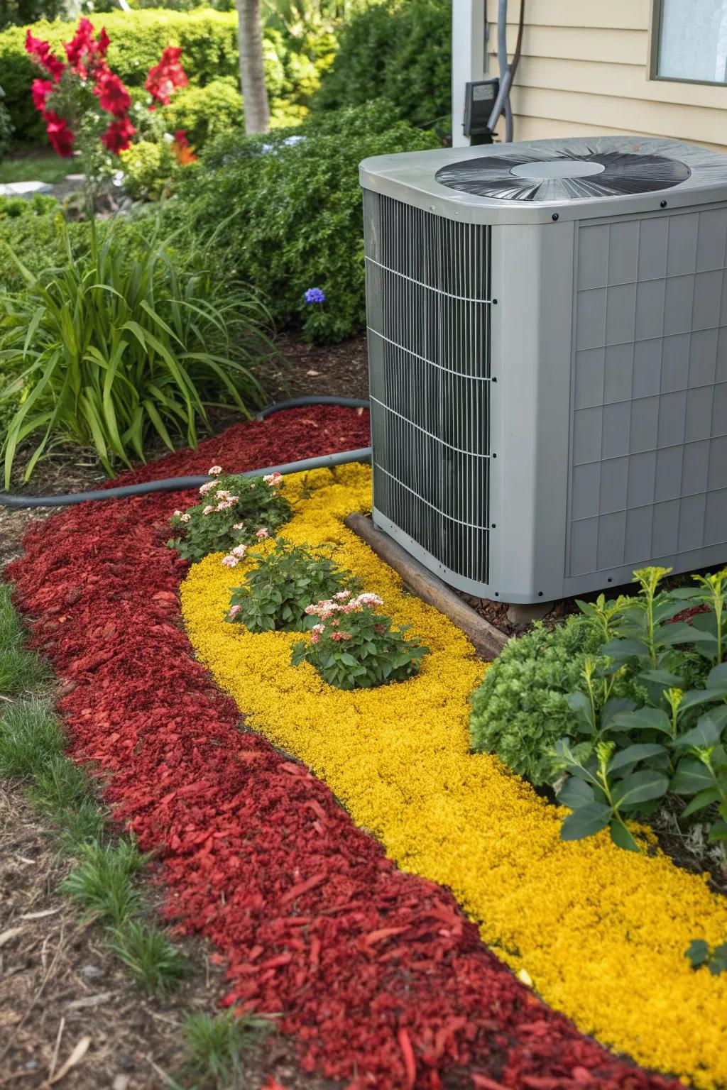 Colorful mulch providing a lively, aesthetic enhancement around an AC unit.