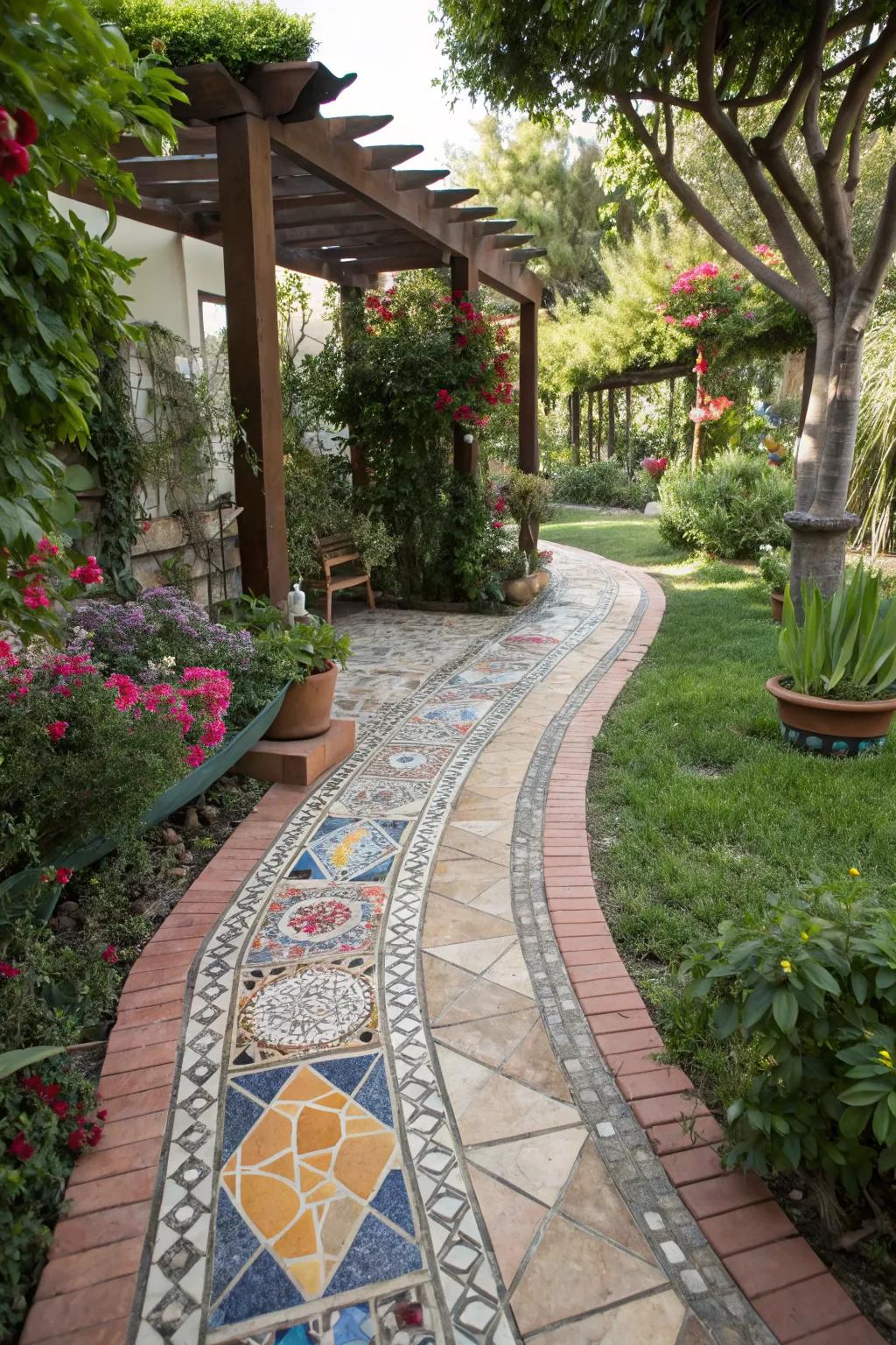 A mosaic pathway adds artistic flair to patio landscaping.