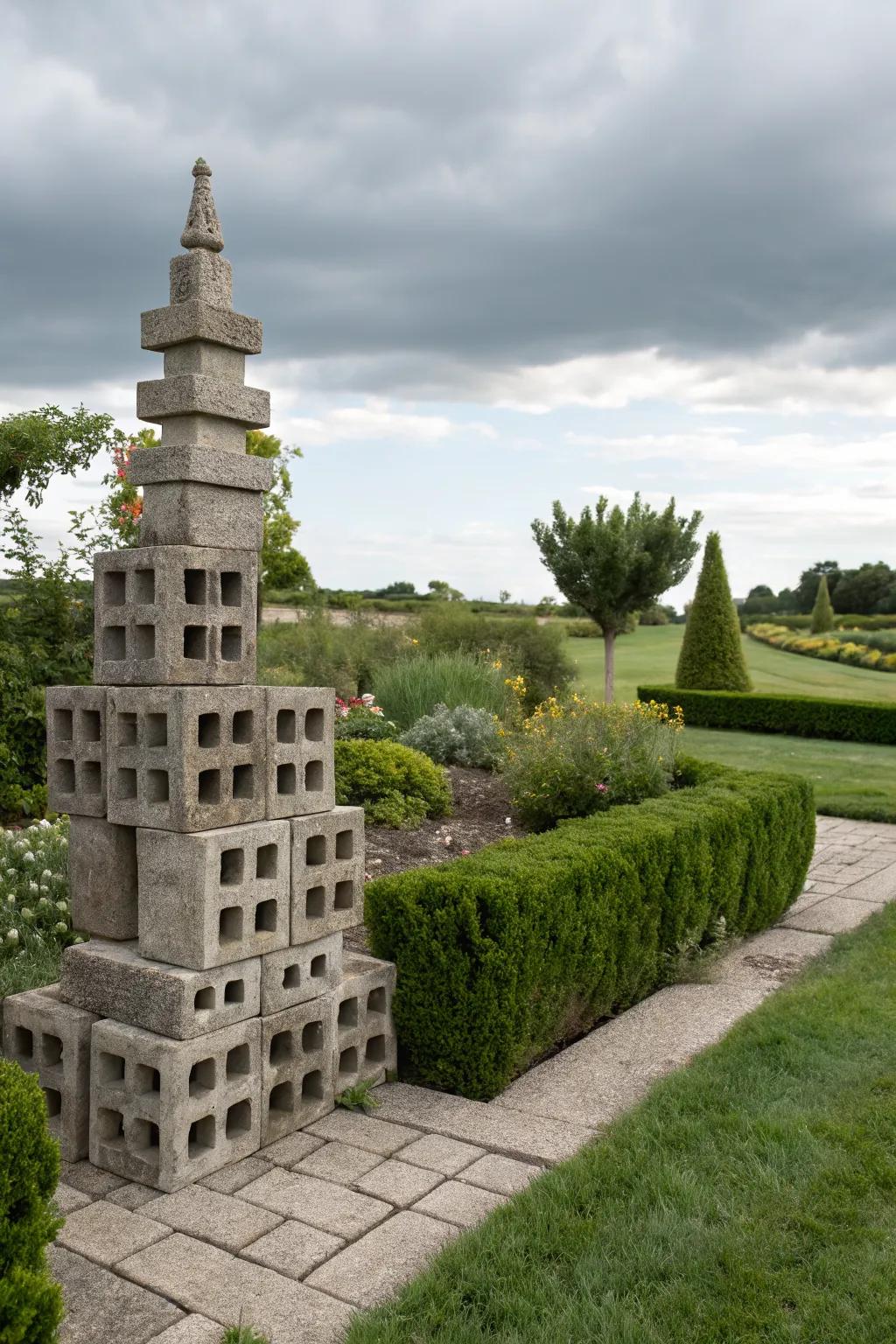 A unique artistic sculpture using cinder blocks.