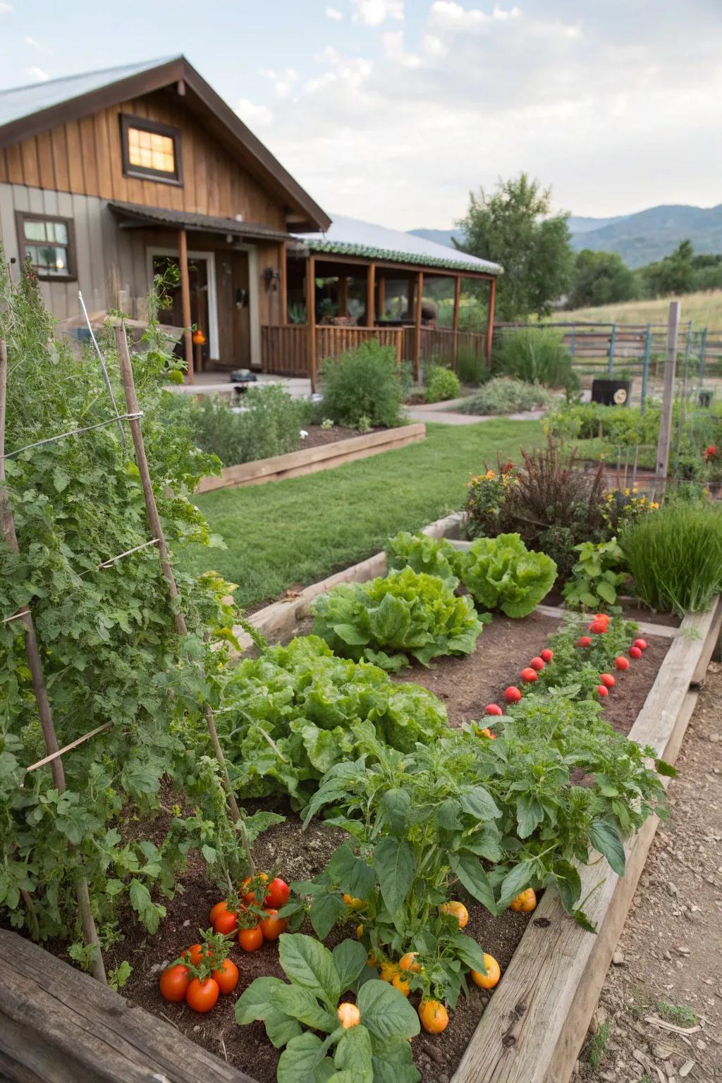A productive edible garden providing fresh produce for a ranch-style home.