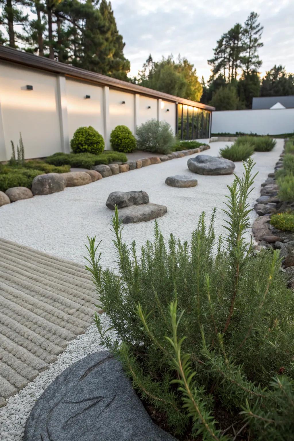 A Zen garden with rosemary bushes for a tranquil retreat.