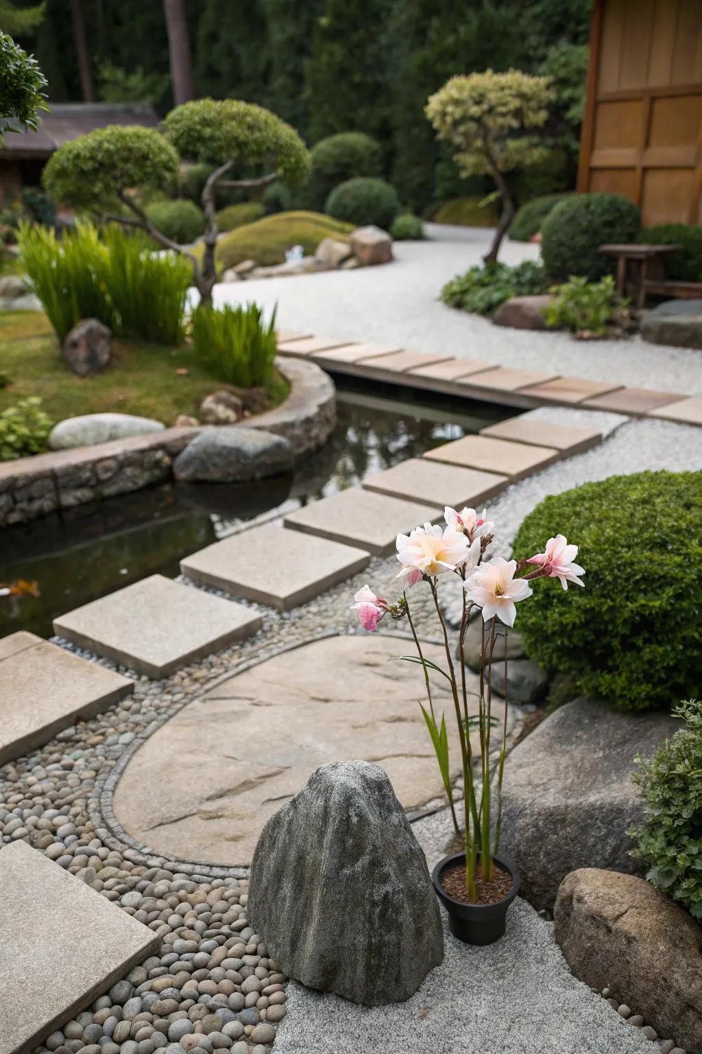 Zen garden elements create a tranquil and balanced space.