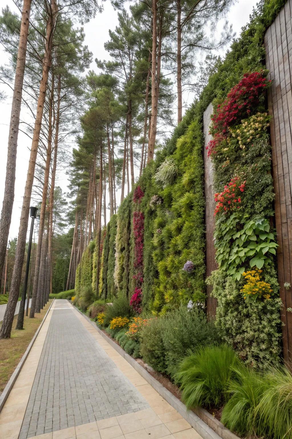A vertical garden adds a dynamic feature to the pine landscape.