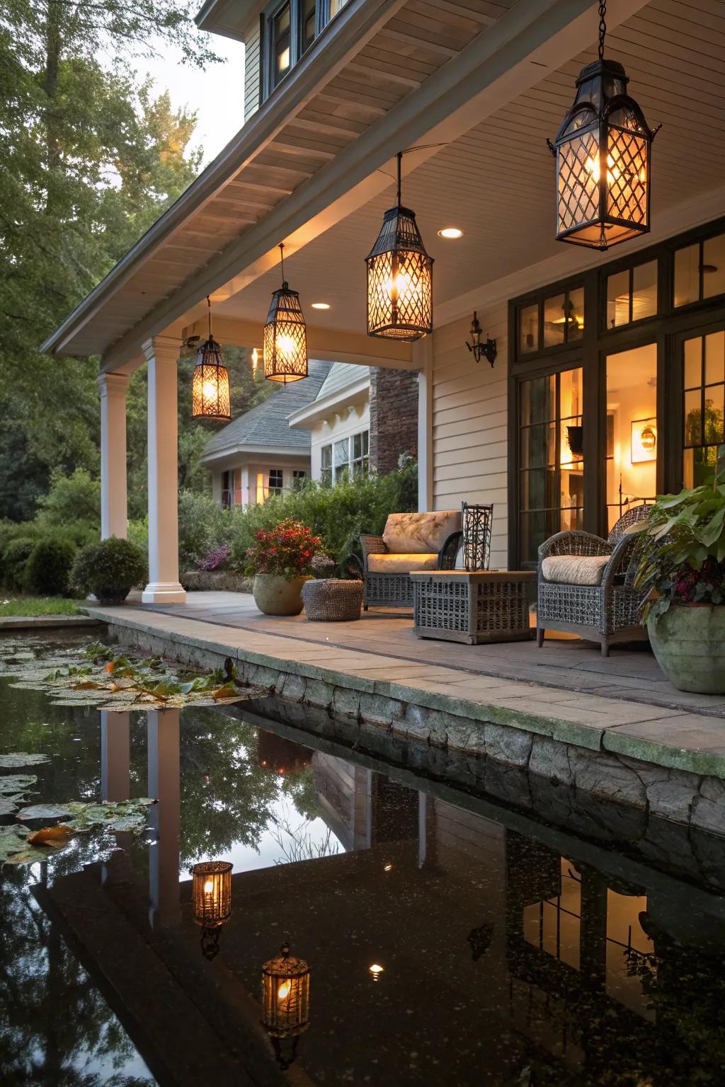 Create tranquility with lanterns by water features.